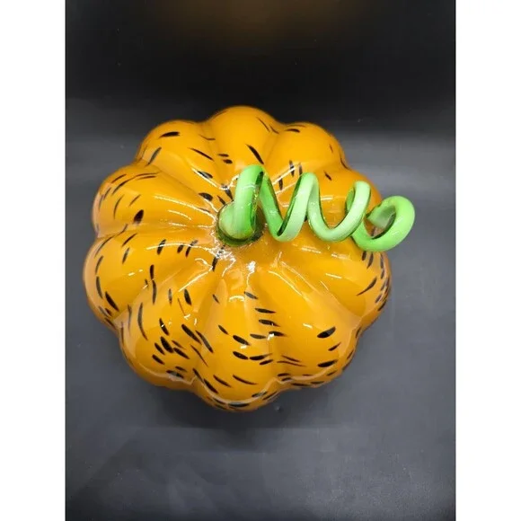 ART GLASS HAND BLOWN PUMPKIN LONG CURLY STEM HALLOWEEN FALL AUTUMN DECOR 7” - Picture 9 of 11